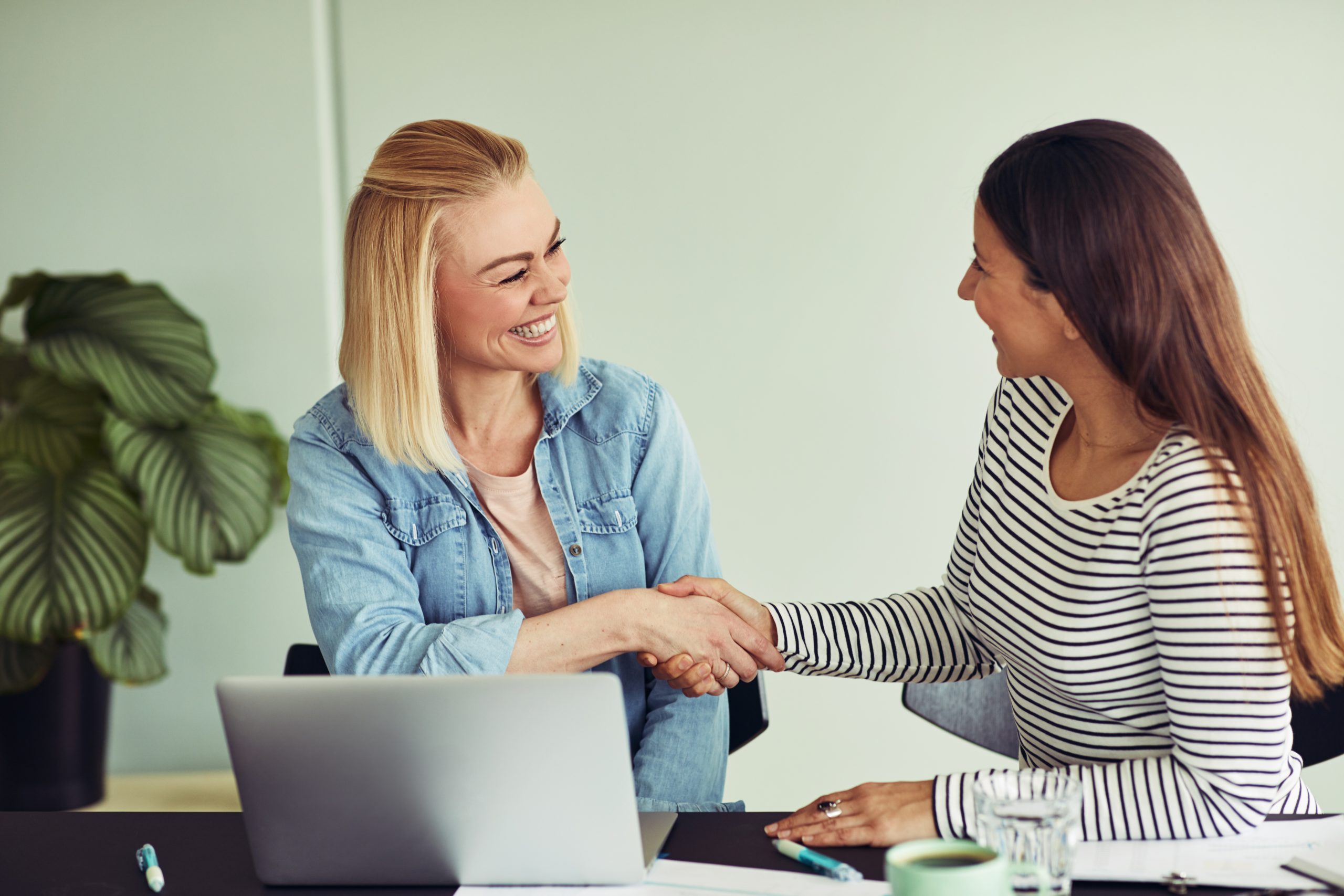 Smiling businesswomen sitting at an office table shaking hands together